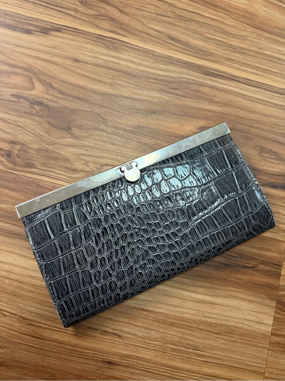 Classic Black/Dark Grey Faux Croc-Embossed Clutch Purse/Wallet